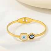 Stainless Steel Gold/Rosegold Plated Two Flower Evil Eye Enamel Kada